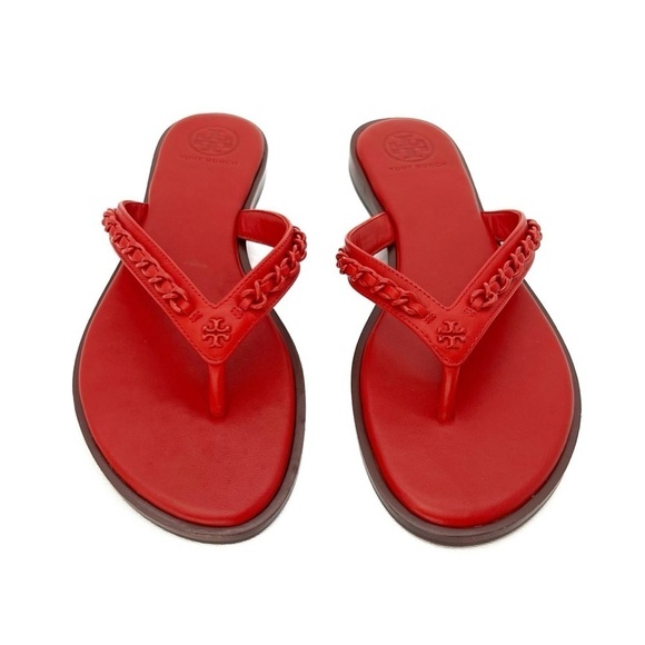 Tory Burch Everly Chain Thong Sandals Size 6 Bearberry Red Flip Flops 88335 New - Picture 3 of 13